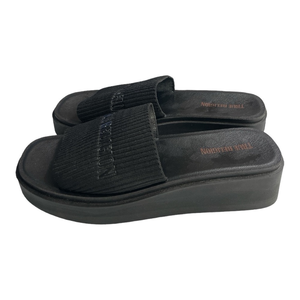 True Religion Black Ribbed Platform Slide Sandals